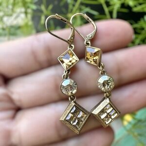 Vintage Givenchy Dangle Earrings 2 Inch Crystal Rhinestone Gold Tone Signed Rare